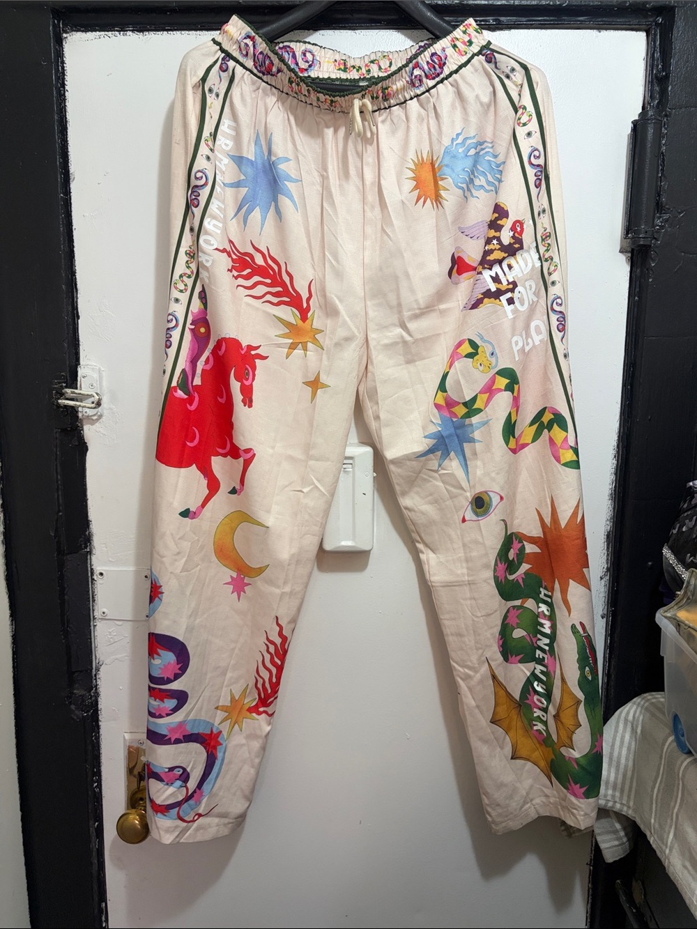 Men's Cream Jogger Pants with Multicolor Graphic Print